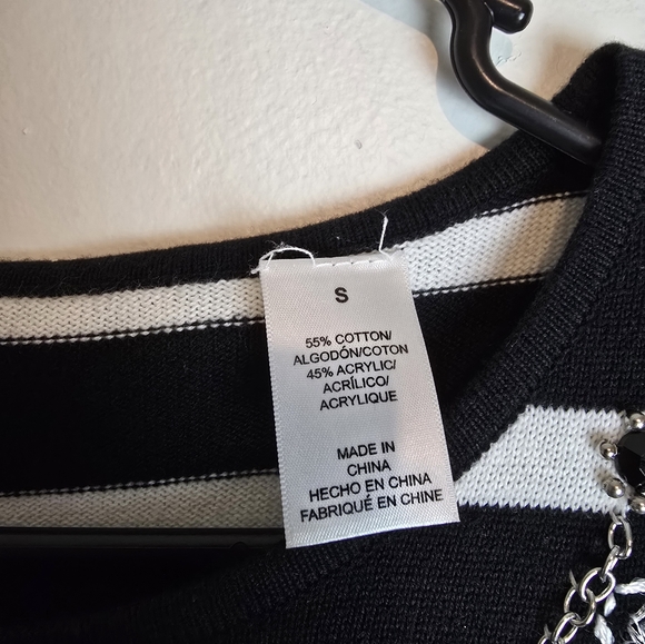 Small Striped Black and White Women's Top with Floral Accents - Picture 2 of 9